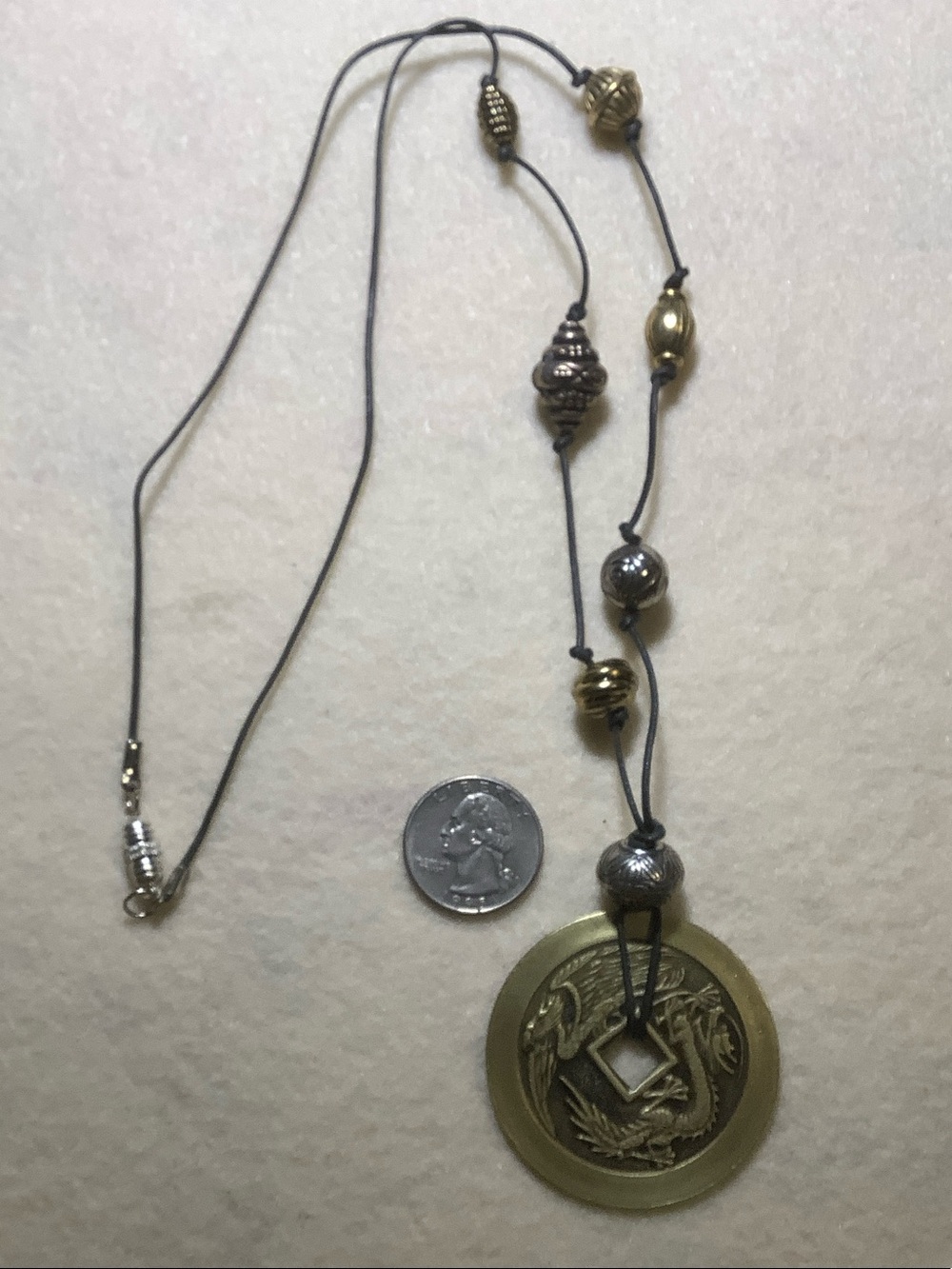 Chinese Coin Pendant Necklace in Gold and Silver-Tone